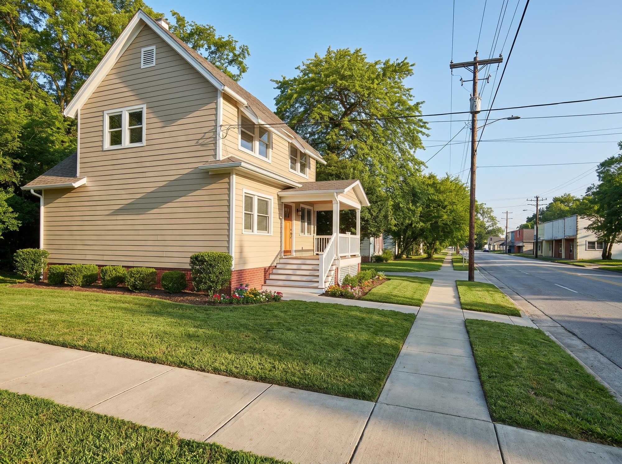 The same house restored — fresh paint, a rebuilt porch and railing, a mowed lawn, new flower beds and a clear walkway.
